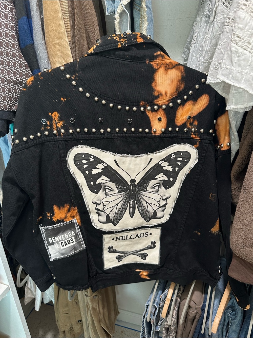 NELCAOS Custom Upcycled Denim Jacket Butterfly Studded